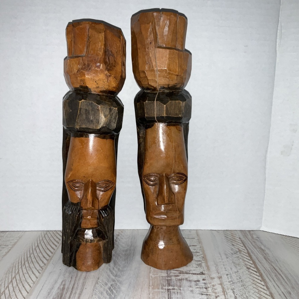 Estate Carved Dark Wood Tribal Man Woman Sculpture Set Jamaica African Art